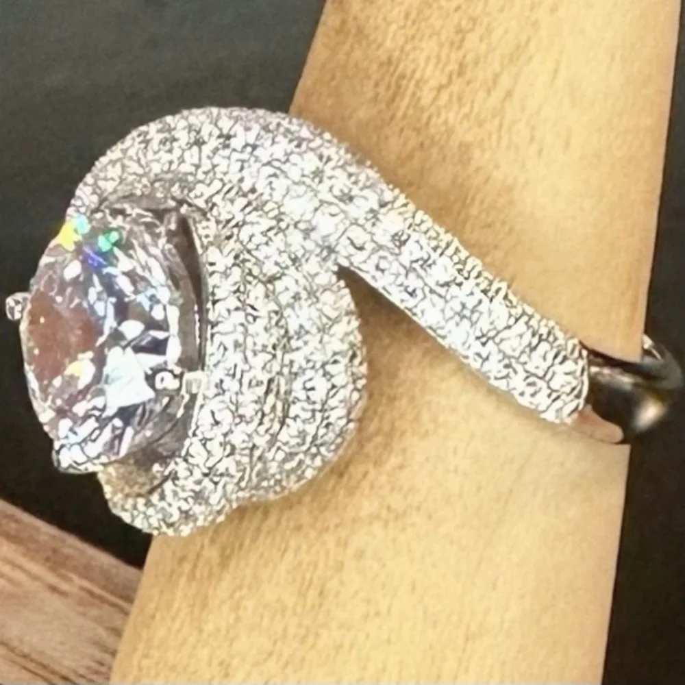 NEW White Cubic Zirconia Rhodium-Plated 925 Sterling Silver Spiral Wrap Ring